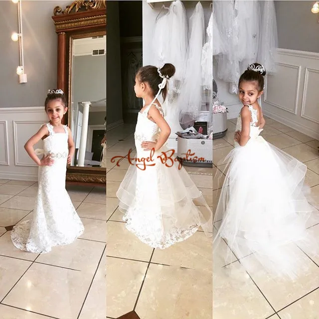 

White /ivory Lace Mermaid Flower Girl Dresses for Wedding Lace communion dresses for girls pageant dresses kids evening gowns