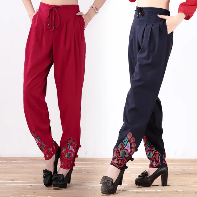 Femmes pantalon femelle 2017 automne hiver style Chinois longue foncé rouge noir broderie large jambe pantalon ethnique Sarouel