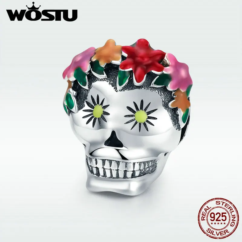 

WOSTU Authentic 925 Sterling Silver Skull Flower Enamel Bead Charms fit Original DIY Bracelet Necklace Halloween Jewelry DXC888