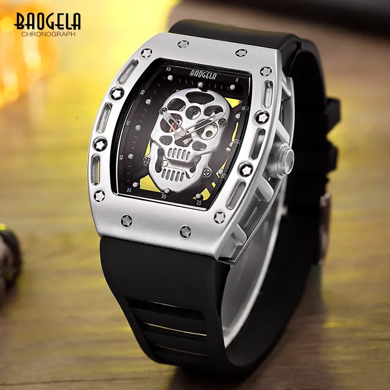  Baogela Mens Fashion Military Silicone Strap Rectangle Dial Skull Face Sport Quartz Wrist Watches B