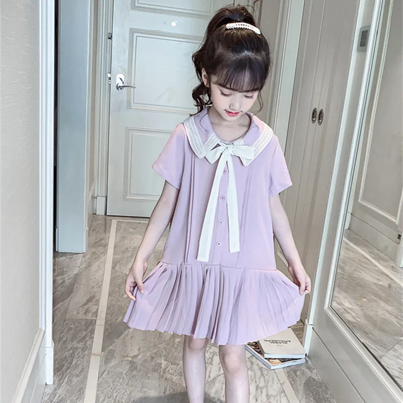 

DFXD Kids Party Elegant Dress Teenage Girl Summer Dress Fashion Short Sleeve Turn Down Collar Bowknot Pleated Princess Dress