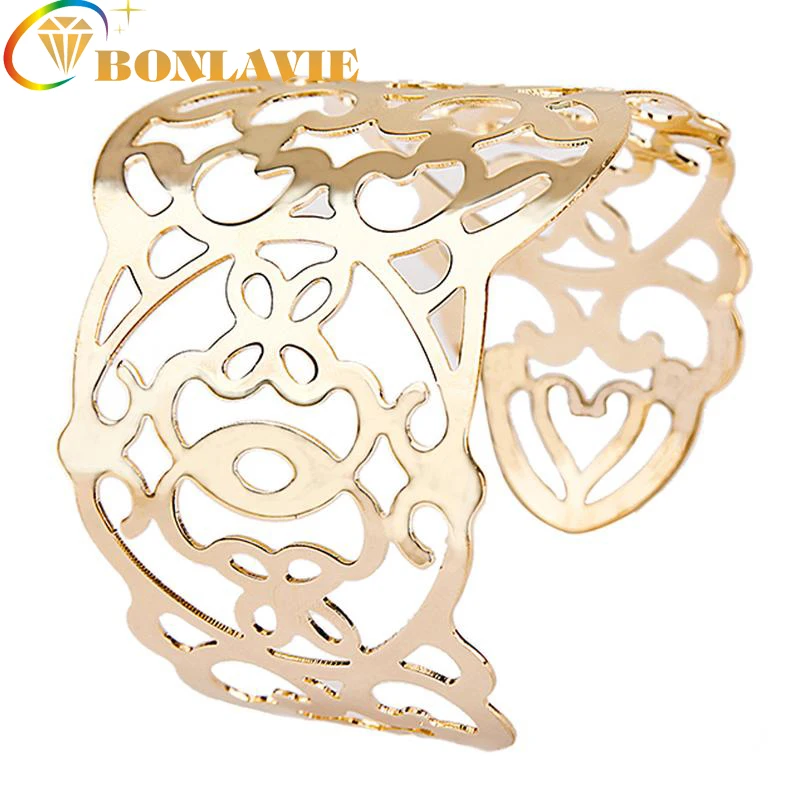

BONLAVIE 2019 Luxury Fashion Women's Wide Gold Color Hollow Charm Cuff Bangle Bracelet Jewelry Free Shipping 1009B013