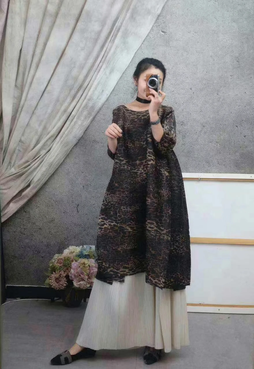 Miyake модные складные леопардовые печати три четверти o-образным вырезом трапециевидной формы платье доступно