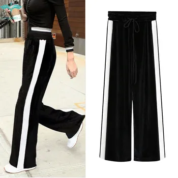 

OUMOWEI Women's Autumn New Wide Leg Pants High Waist Striped Elastic Waist Pants Loose Straight Pants M To 6XL Size
