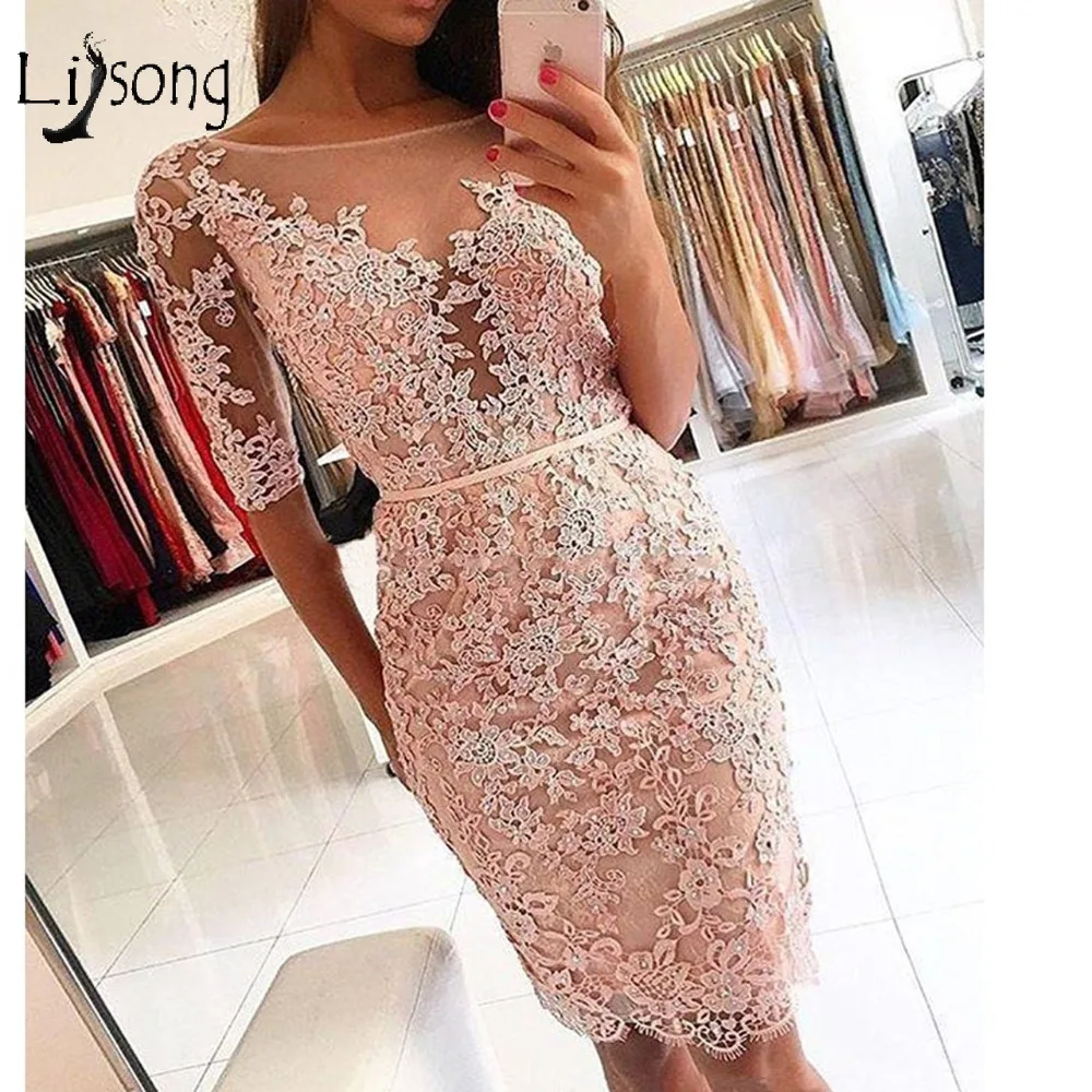 

Elegant Knee Length Sheath Cocktail Dresses 2018 Sexy Half Sleeves Formal Party Dresse Robe De Cocktail Plus Size Prom Gowns