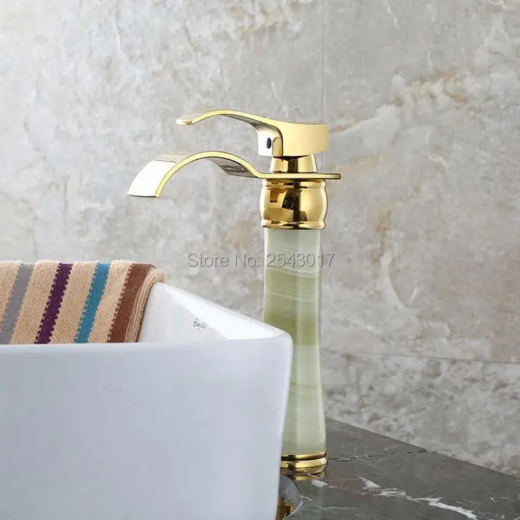 

GIZERO Bathroom Golden Faucet Marble Jade Basin Waterfall Mixer Taps Basin Countertop Taps Torneira Banheiro ZR804