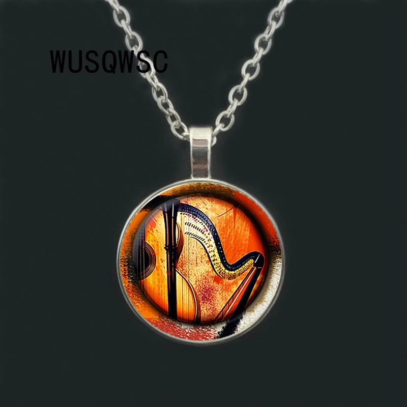 

Guitar and Harp Glass Pendant, Music Necklace, Musical Instruments Jewelry, Birthday Gift" Sliver Plated, Glass Cabochon Pendant