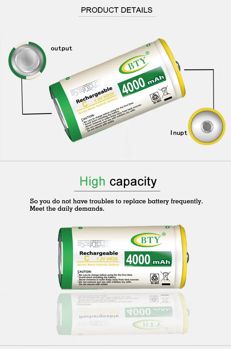 4 шт./2 упаковки BTY перезаряжаемая батарея C размер Ni-MH 4000 мАч 1,2 в сменные батареи для газовой плиты светодиодный светильник заводские инструменты
