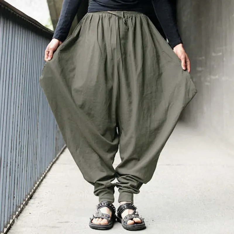 New Loose Super Thin Men Joggers Cotton Harem Pants Men Big Crotch Pants Baggy Linen Pants Men Plus Size 5XL Black Army Green