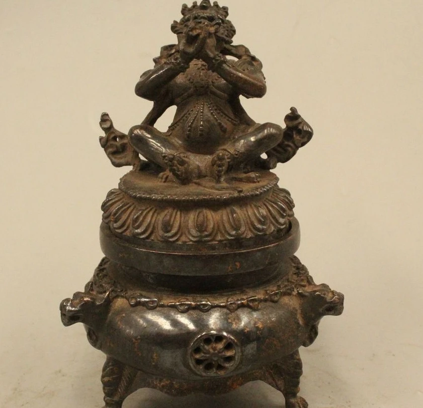 

6"Marked China Tibet Buddhism Pure Bronze Mahakala Buddha Incense Burner Censer