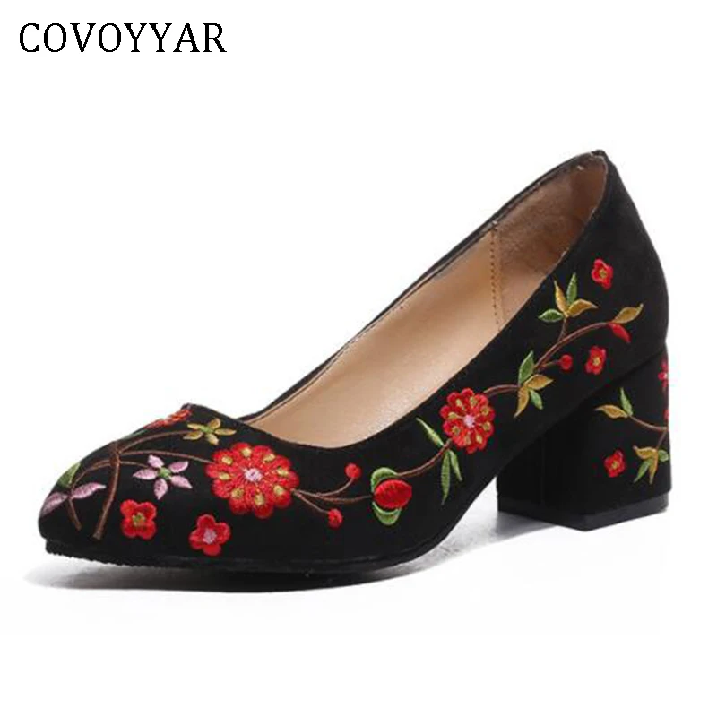 COVOYYAR 2019 для женщин Насосы Винтаж вышитые леди толстый высокий каблук модные