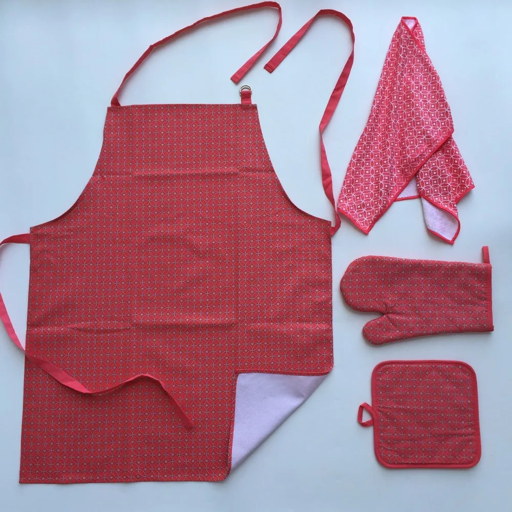 Twill Cotton Apron with Oven Mitt Glove Pot Holder Kitchen Towel 4 Pack Kitchen Gift Set in 4