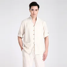 Летняя новая мода бежевый Китайский Мужской льняной классический кунг-фу Рубашка китайская пуговица костюм Тан Размер S M L XL XXL XXXL 2603