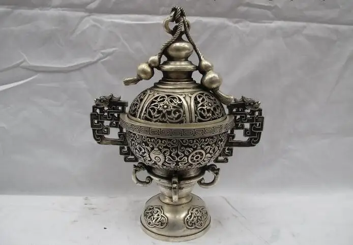 

12"Chinese Tibet buddhism silver Auspicious Symbol Gourd Incense Burner Censer
