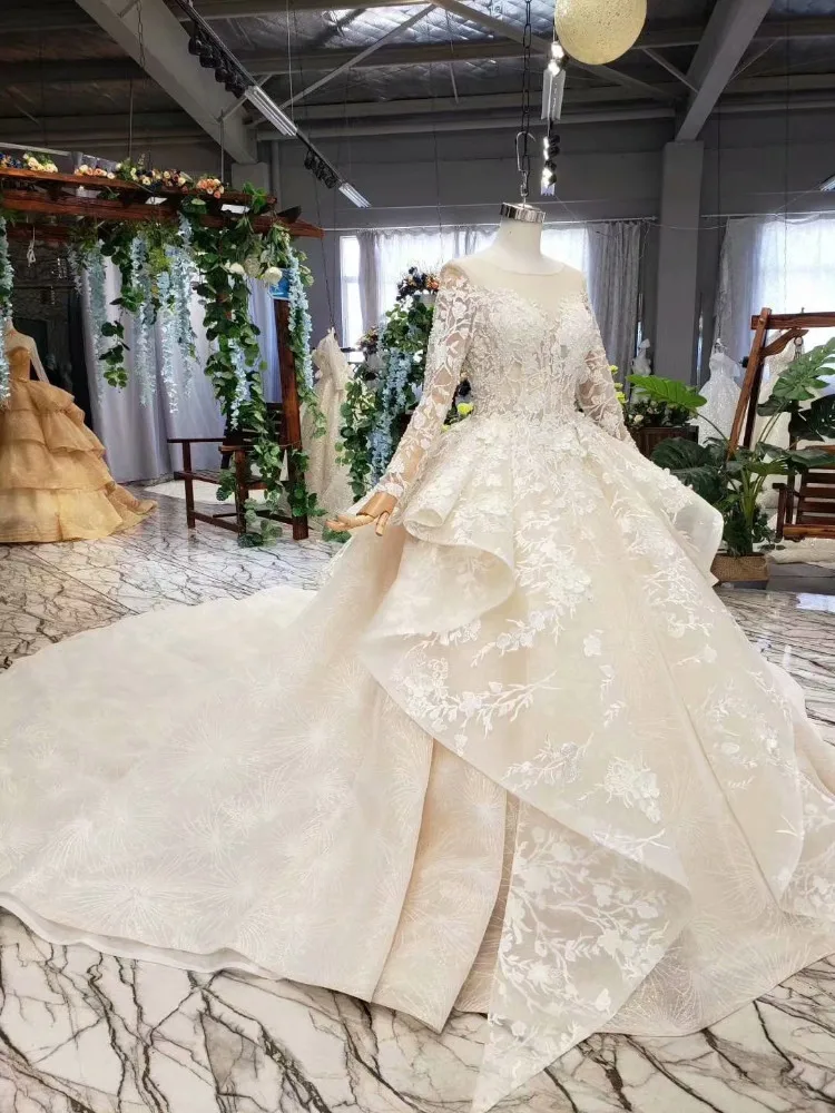 Vestido De Noiva прозрачный сзади длинные рукав с накладной аппликацией Бисероплетение бальное платье с жемчужинами Роскошная свадебная одежда реальные фотографии