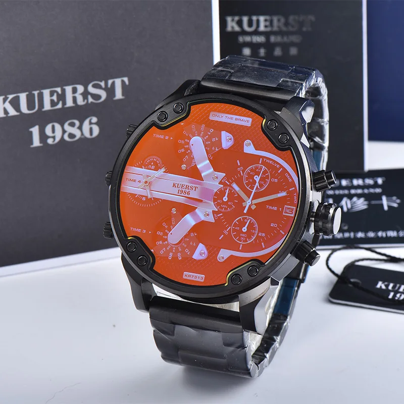 New Men's Large Dial Sports Watch Multi-time Zone Display Military Watch Men Luxury Brand KUERST Waterproof Quartz Watch