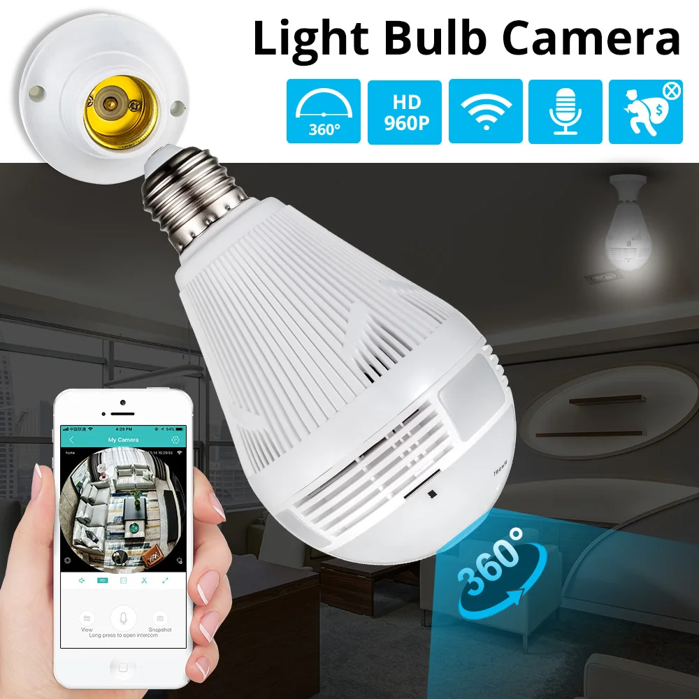 

Golden Security Wireless 360 Degree 960P view LED Panoramic CCTV Light Bulb Lamp Camera for WiFi Home Security