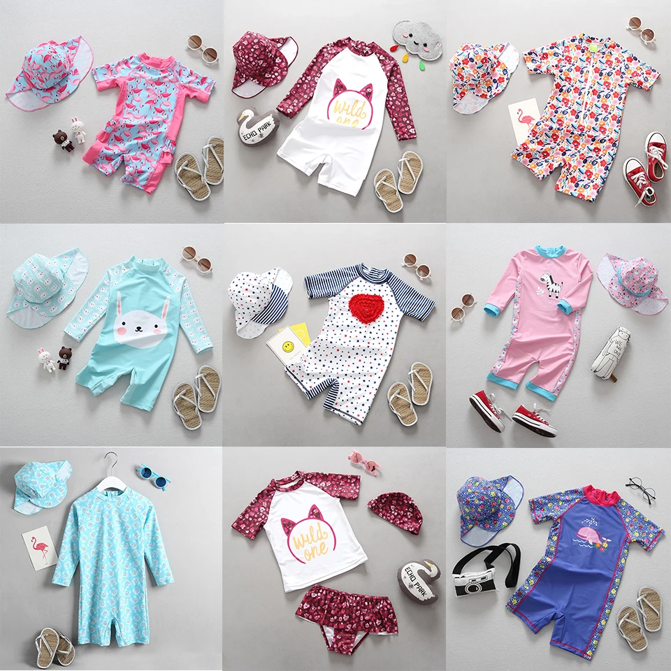 Goedkoop Badpak Meisje Kinderen Zwemmen Pak voor Meisjes Lange Mouwen Uv bescherming 2019 Leuke Flamingo Een Stuk Kind Baden Kleding Baby