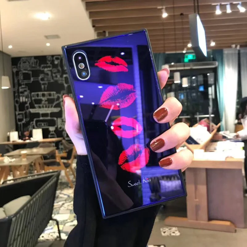 

Case For iPhone Xr XS Max Covers Luxury Square Blue Ray Tempered Glass Sexy Red Lips Phone Case For iPhone X 6 6S 7 8 Plus Cases