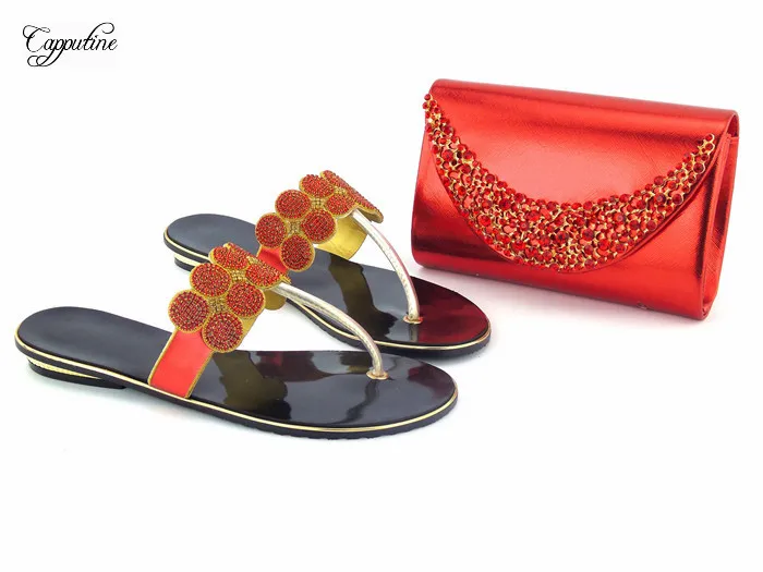 

Graceful red with rhinestones design slipper shoes and purse bag set for lady 112-2, 4 color