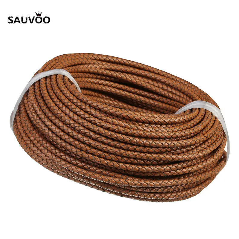 Sauvoo 1 метр круглый плетеный коричневый бежевый Шнур из натуральной кожи нить 6 мм для DIY мужчин женщин браслет и ожерелье Фурнитура