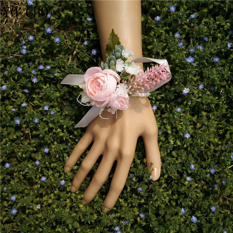 Wedding Accessories Boutonnieres Corsages Pink Rose Cuff Bracelet Flore Bridesmaid Groomsmen Marriage Silk Wrist Corsages (29)