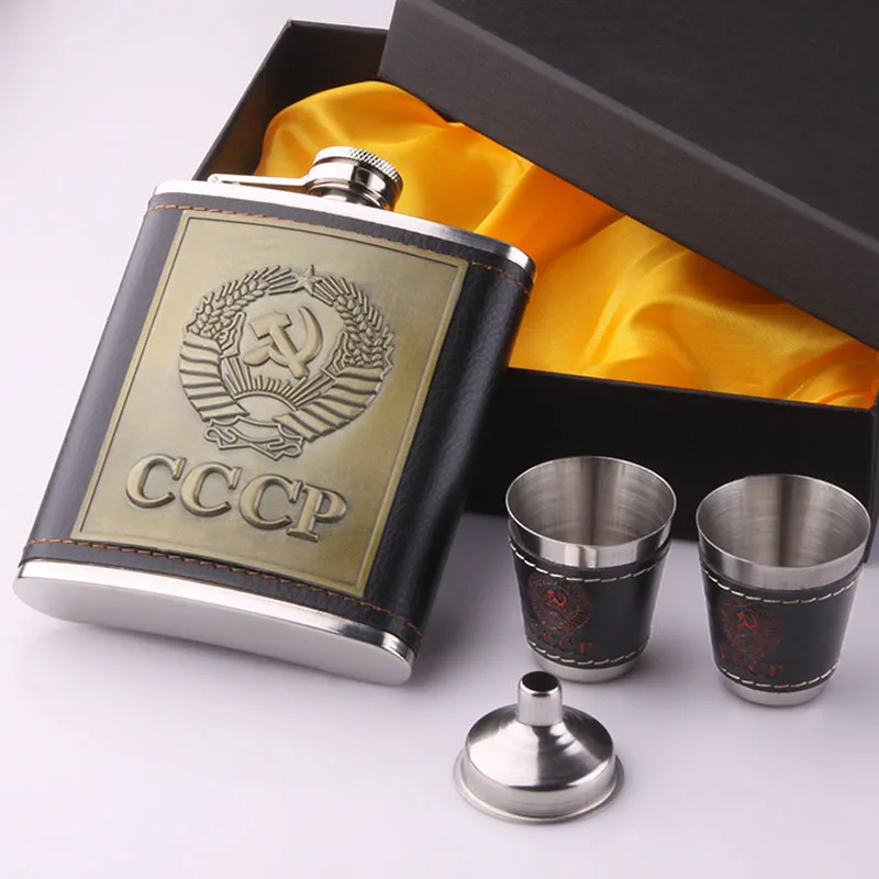

9oz Luxury Stainless Steel Alcohol Hip Flasks Set cccp Engraving Faux Leather Flagon Whiskey Wine Bottle husband Birthday gift