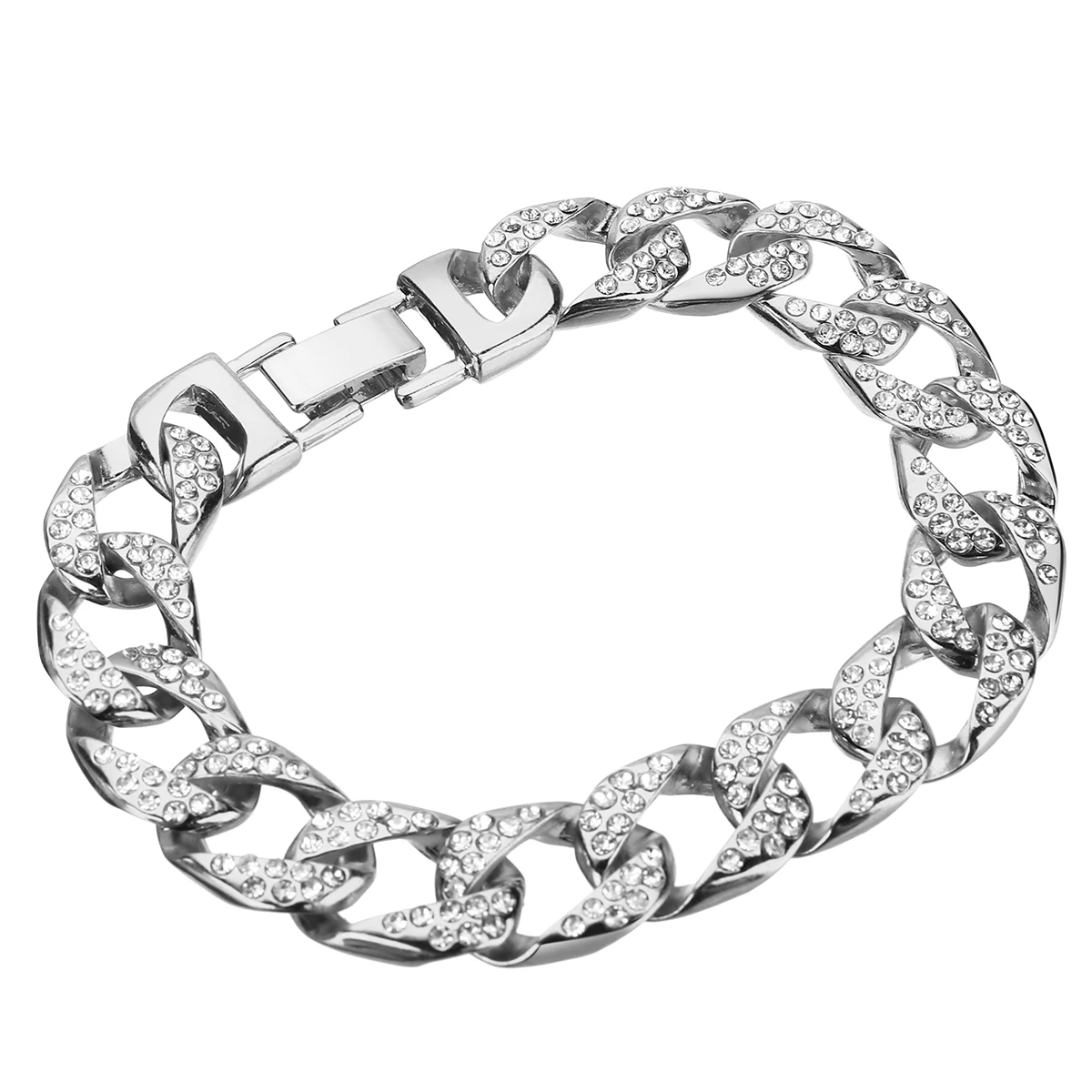 Men Hip Hop Curb Cuban Link Chain Bracelet Silver Color Iced Out Rhinestones Bracelet Rapper Rock Crystal Bracelets&Bangles