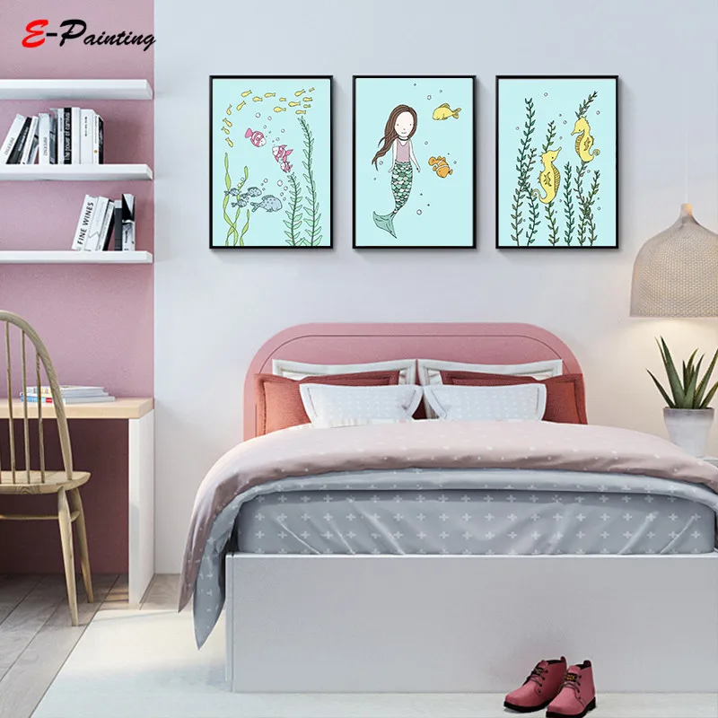Us 3 75 25 Off Nordic Canvas Painting Mermaid Fish Seahorse Print Art Under The Sea Wall Picture Decoration Nursery Kids Bedroom Decor In Painting
