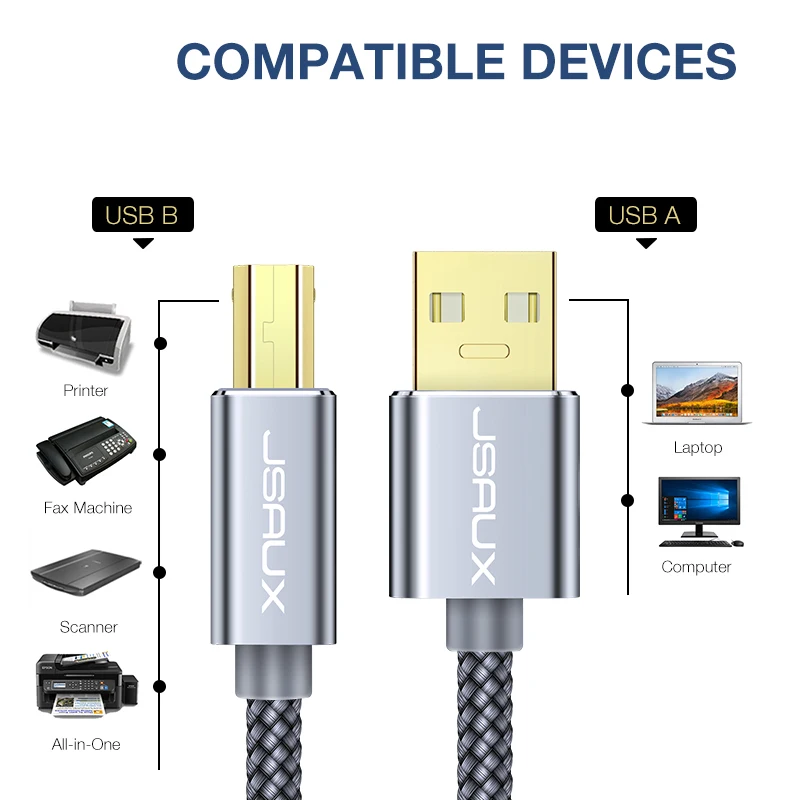 Кабель для принтера JSAUX Dell USB тип A штекер B шнур сканера 2 м/3 м высокоскоростной HP