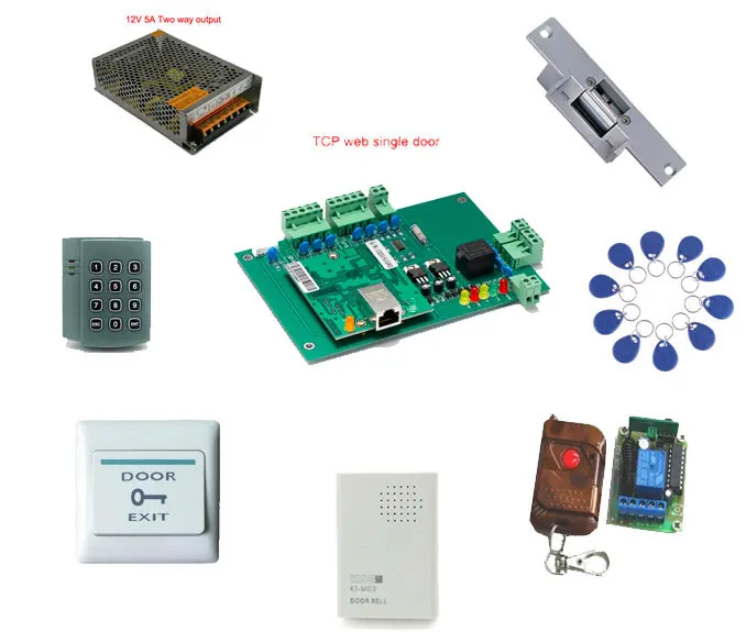 

Access control kit,web single door TCP/IP+reader+power+strike lock +remote control +exit button +bell+10 em tags,sn:web-109