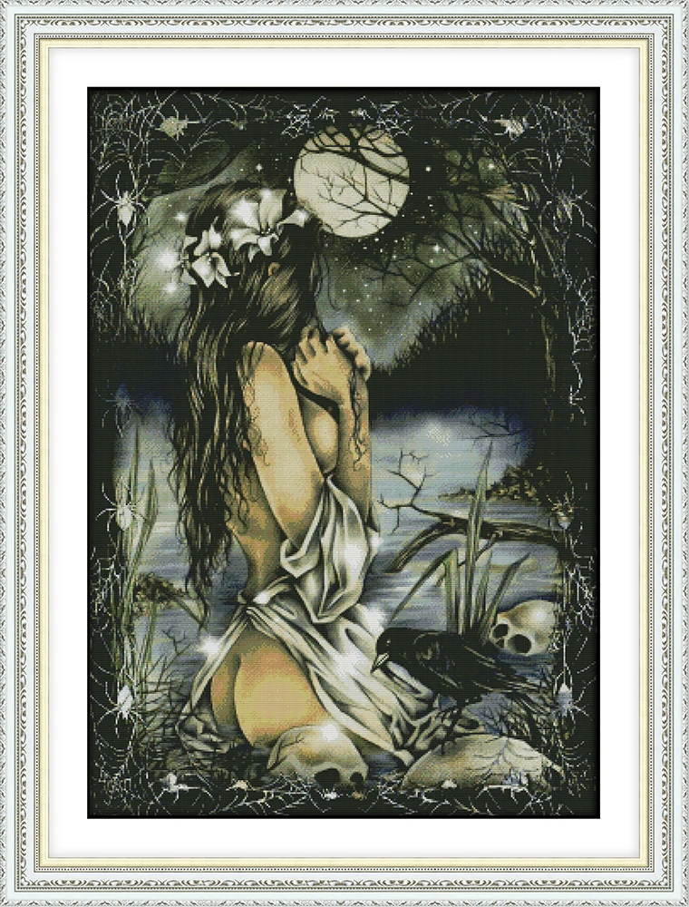 

Women and the full moon cross stitch kit aida 14ct 11ct count printed canvas stitches embroidery DIY handmade needlework