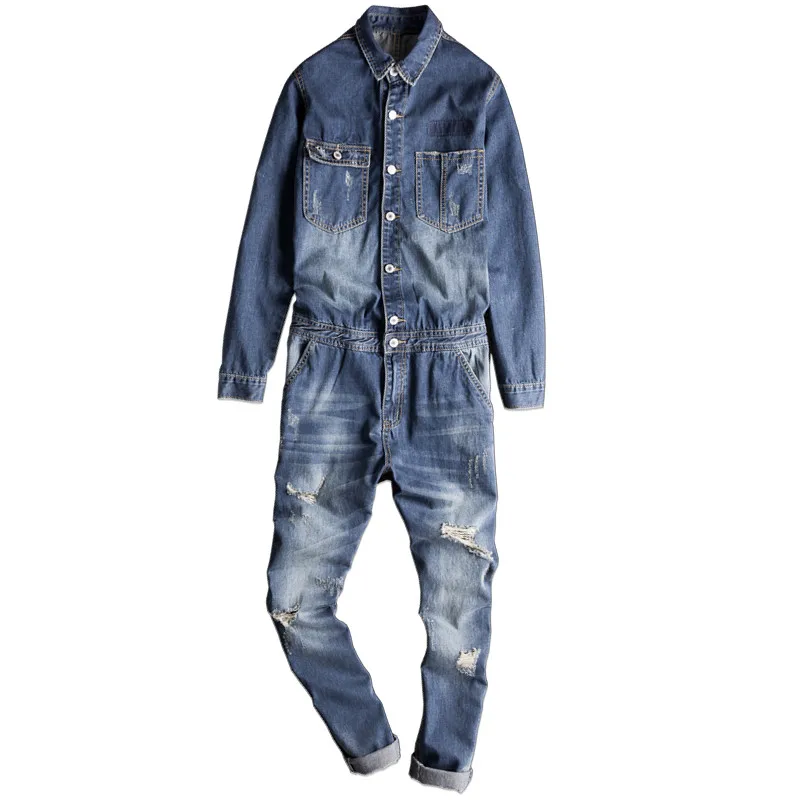 New Arrival Casual Men Long sleeves Denim Overalls Jumpsuit Blue