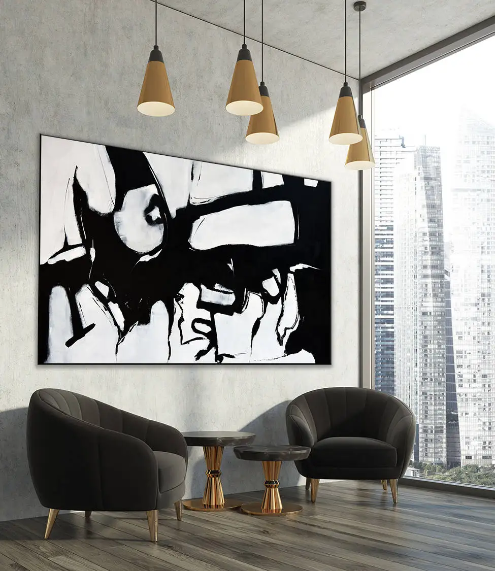 Handmade Abstract Painting on canvas, Panoramic Black and White Wall