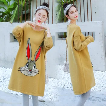

Maternity Women Hoodless Long Sleeve Mid-long Sweaters New Moms Cartoon Loose Fit Knitting Pullover Fashion Sweaters Dresses