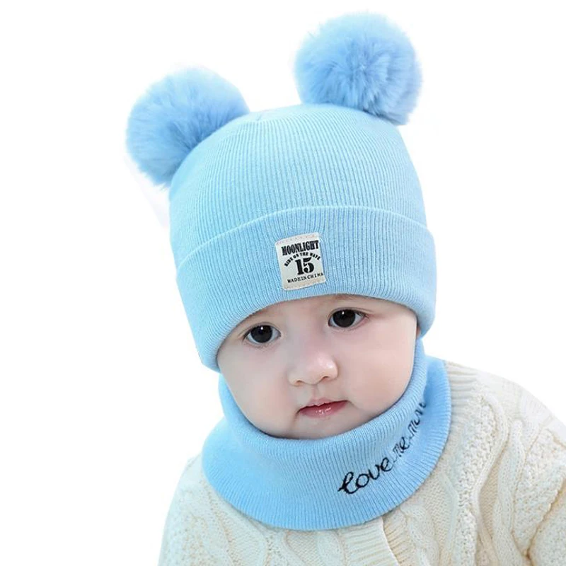 Комплект из 2 предметов, осенне-зимняя детская вязаная шапка для новорожденных, комплект с шарфом, детская зимняя шапочка-шарф с буквенным принтом для мальчиков и девочек 3-12 месяцев