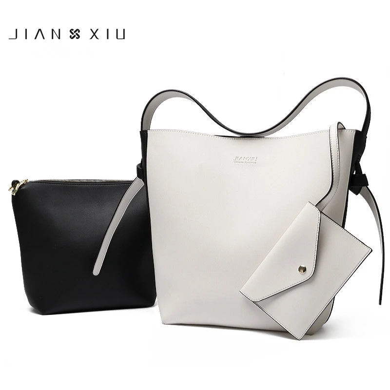 

JIANXIU Three sets Leather Women Bag Bucket Shoulder Bags Solid Big Handbag Large Capacity Top-handle Bags Patchwork Ladies bags