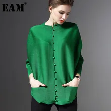 Round Neck Long Sleeve Fold Pleated Single Breasted Loose Blouse