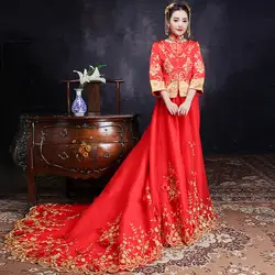 Красный китайский традиционный свадебное платье Qipao Gules вышивка Cheongsam долго цветок невесты жениться женщина Восточный халат Chinoise