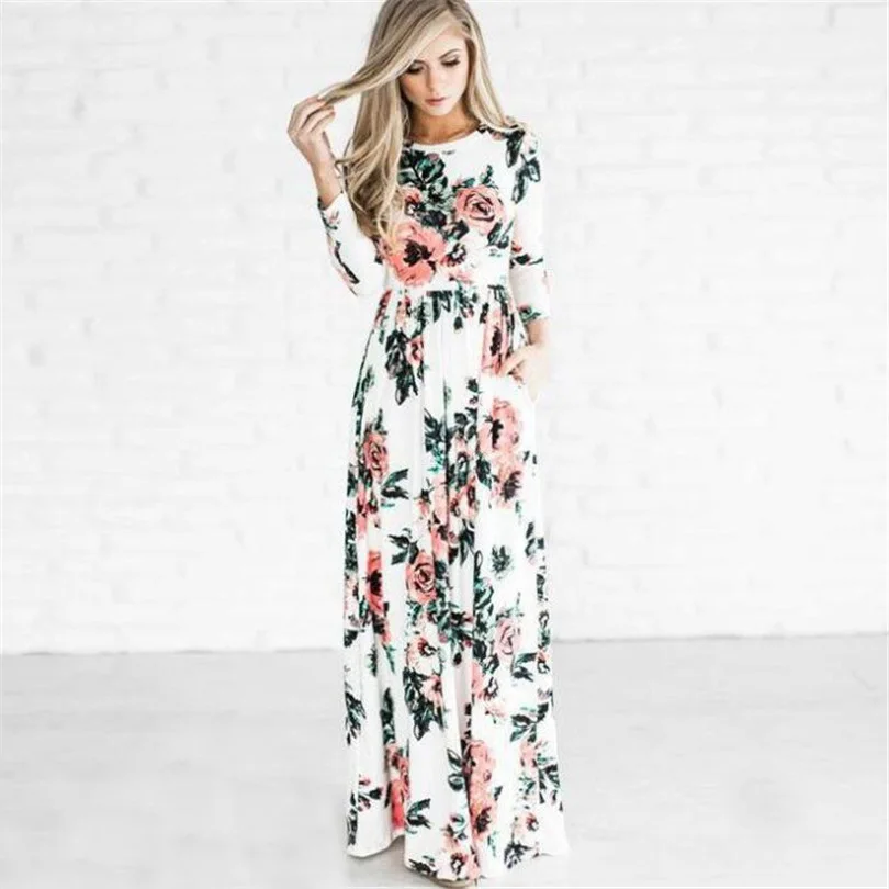 

2018 New Spring Autumn Long Dress Women Floral Print Dresses Long Sleeve Beach Dress Female Casual Maxi Dresses Vestidos AB760