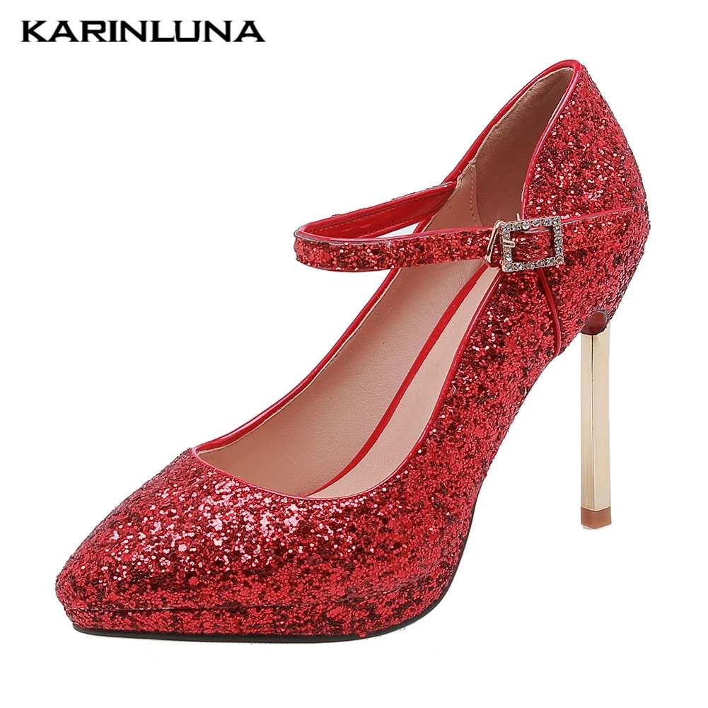 

Brand large Size 43 Mary Janes High Heels Pointed Toe Bling Platform Shoes Woman Party Sexy Pumps brides wedding shoes women