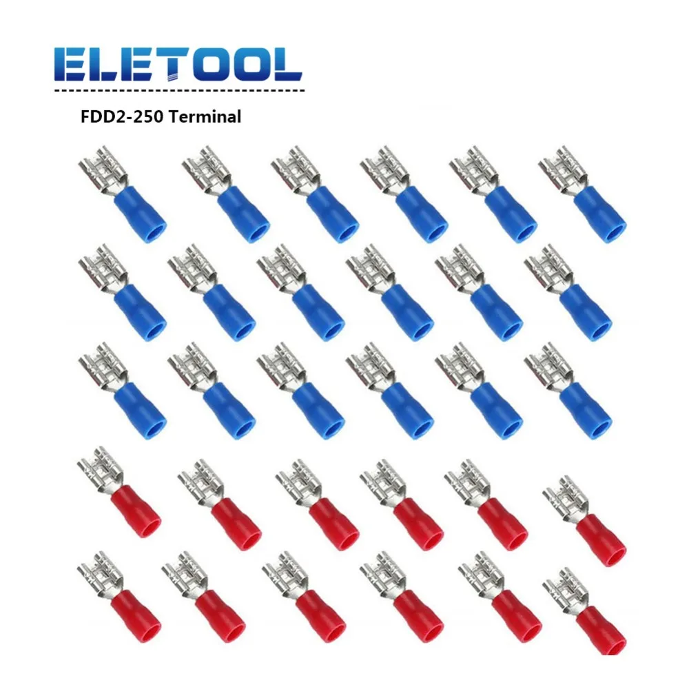 100 шт./упак. FDD2.5-250 FDD2-250 женский изолированный Электрический обжим терминал для 1,5-2.5mm2 разъемы провода Соединительный кабель XF30