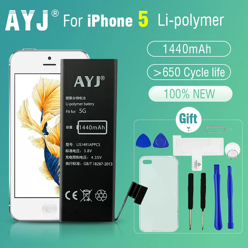 AYJ New Original AAA Quality Phone Battery for iphone 5 5G Durable High Real Capacity 1440mah Zero Cycel With Repair Tools Kit