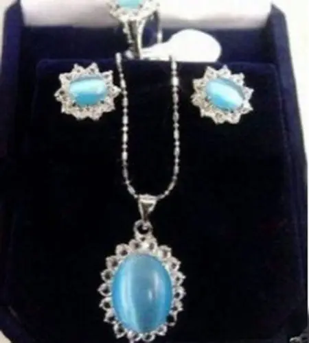 

BEAUTIFUL 18KGP BLUE OPAL RING EARRING PENDANT SET^^^18K GP style Fine jewe Noble Natural jade FREE SHIPPING