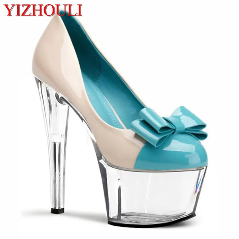 

Cute sexy blue bowknot single shoes temperament woman kawaii 17 cm high heels