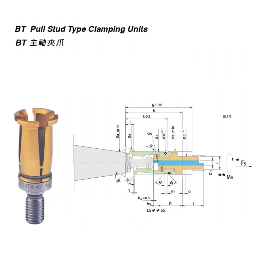 BT30 clamping units pull stud