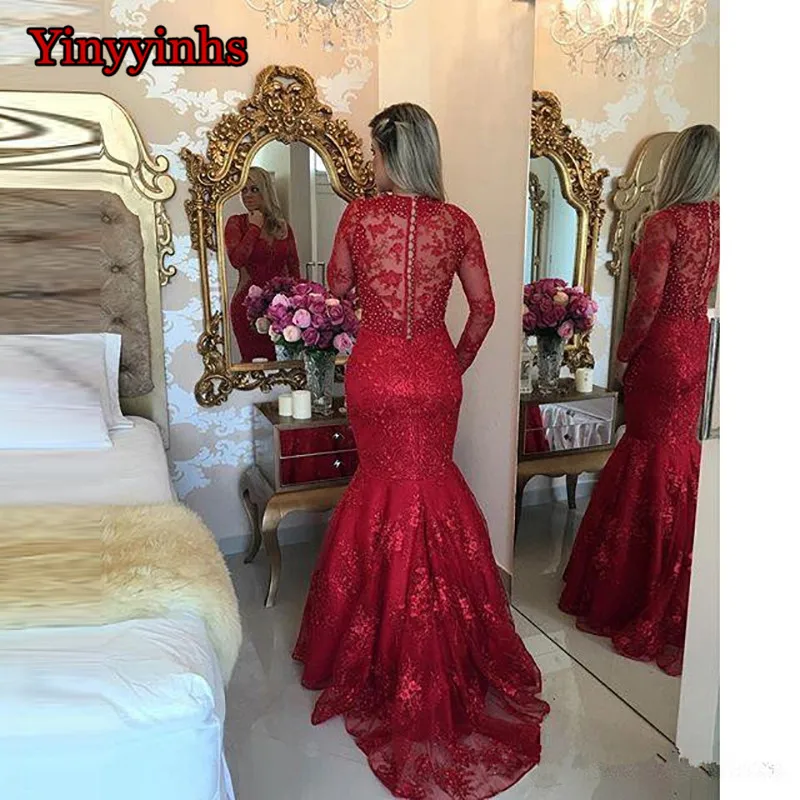Red-2019-Prom-Dresses-Mermaid-V-neck-Long-Sleeves-Pearls-Lace-Sexy-Party-Maxys-Long-Prom (1)