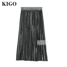 KIGO осень зима женская серебряная юбка с металлическим отливом Высокая талия плиссированная юбка Shiney эластичная талия винтажная юбка Jupe Femme KJ2666H