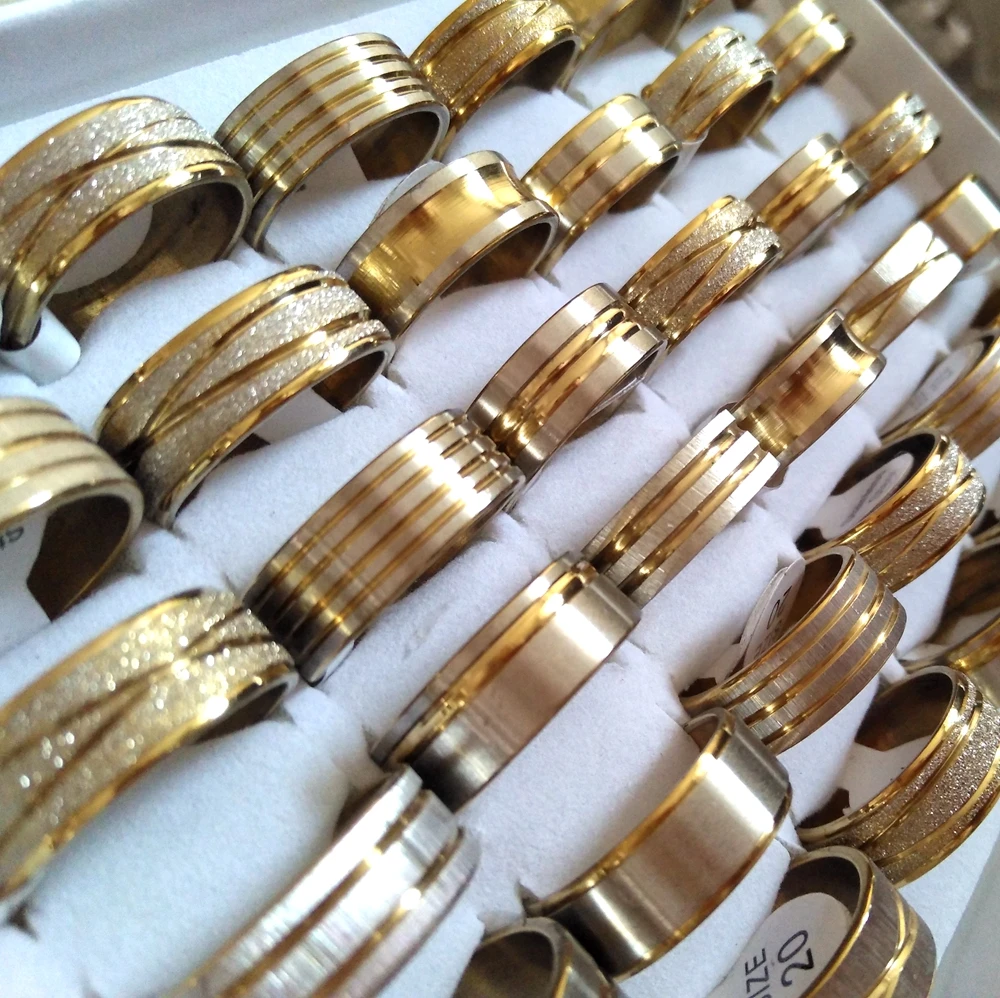 100pcs Gold Line Top MIX Men's Fashion Stainless Steel Rings Man Cool Jewelry Hot sale Wholesale Jewelry Lots