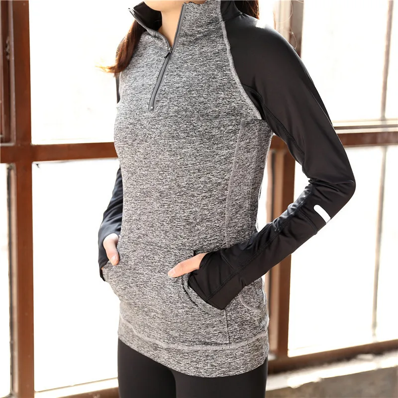Новое поступление, женские рубашки для фитнеса, йоги, спортивная куртка на молнии, трико для фитнеса и йоги, длинные рукава, esp032 - Цвет: Серый
